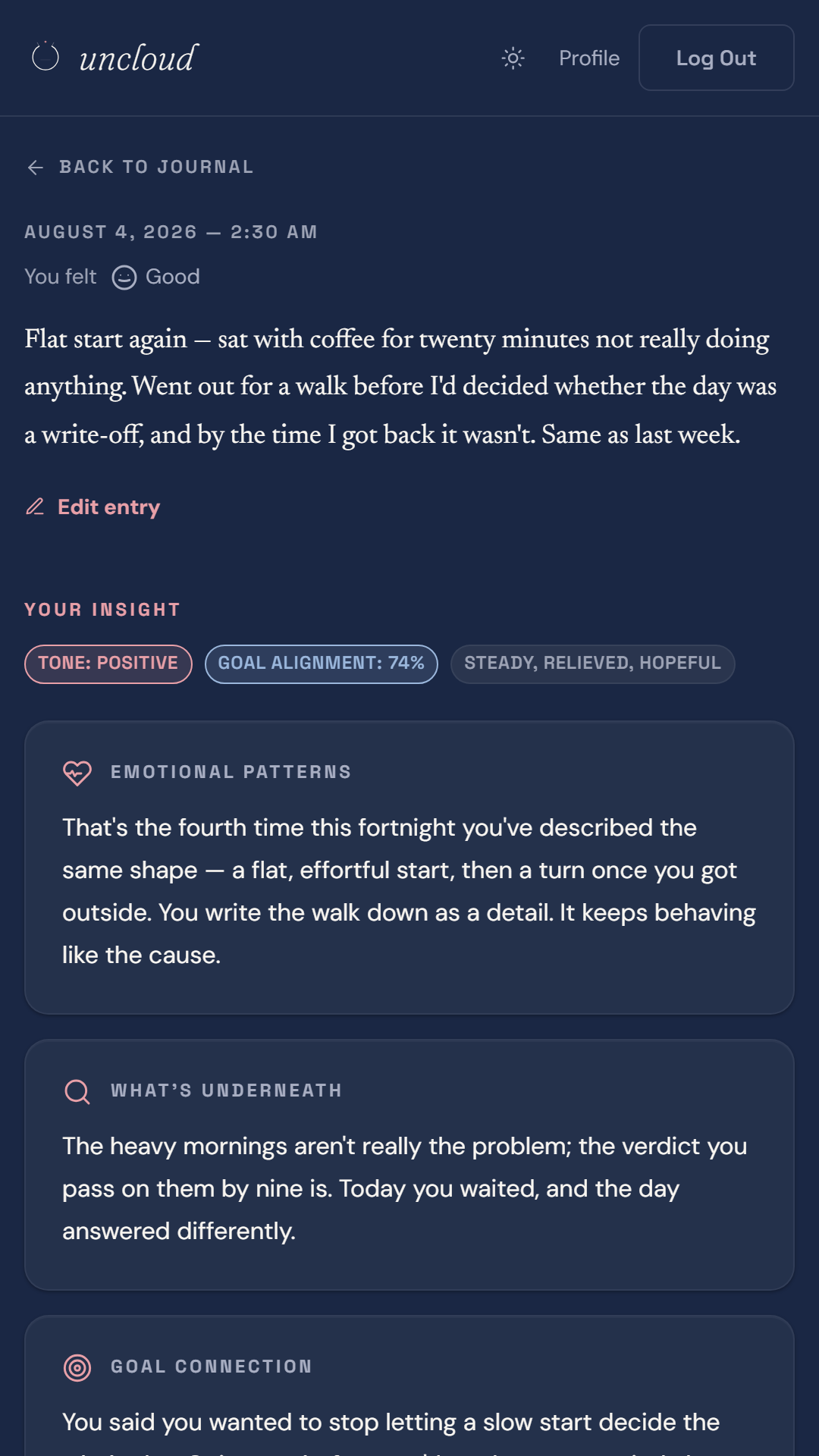 A journal entry with its AI insight: tone, goal alignment, emotion labels, and two cards naming a recurring pattern in the writer's own words