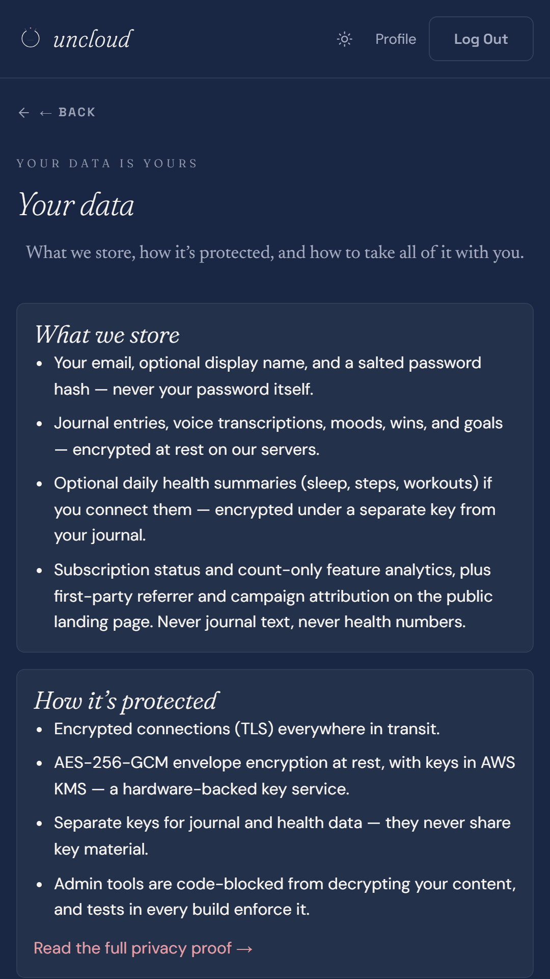 The Your Data screen explaining what Uncloud stores and what it cannot read