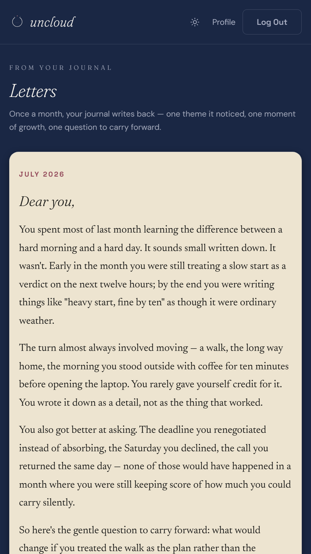 A monthly Pattern Letter on a parchment card, written back to the user about themes noticed across a month of entries
