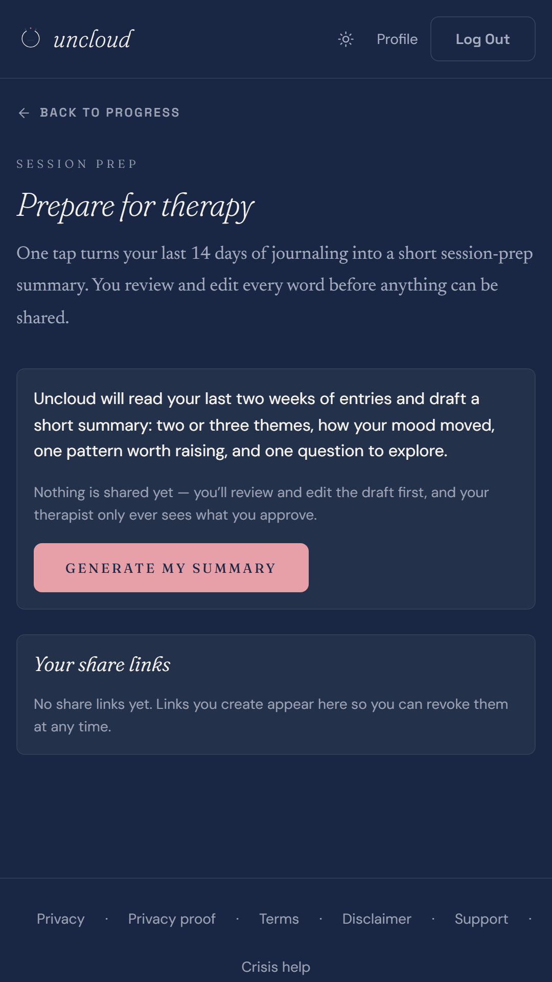 Session Prep, which drafts a therapy summary from the last fourteen days that the user edits before sharing