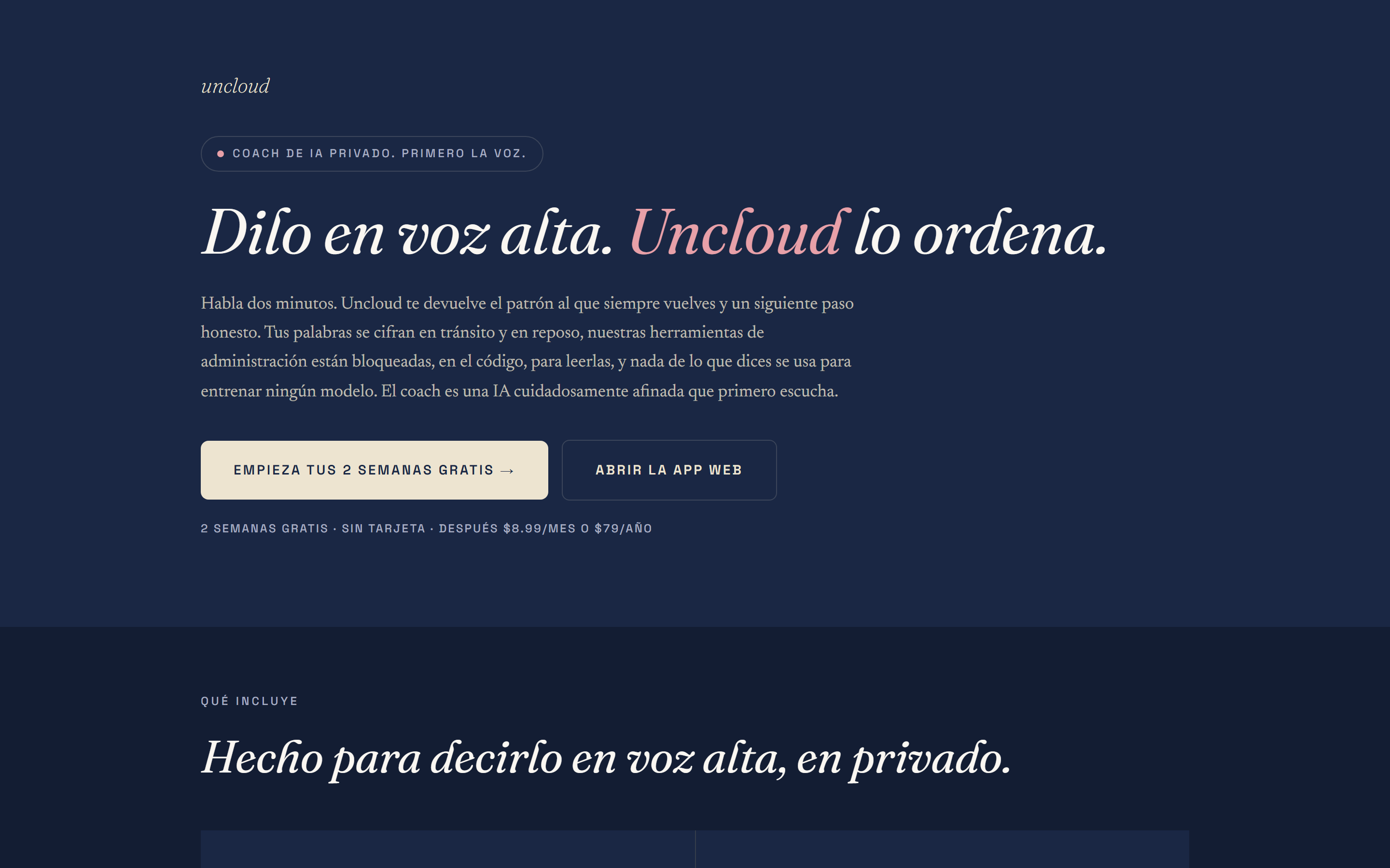 La página de inicio de uncloud.you/es: el titular dice «Dilo en voz alta. Uncloud lo ordena.» sobre fondo índigo, con el botón «Empieza tus 2 semanas gratis» debajo